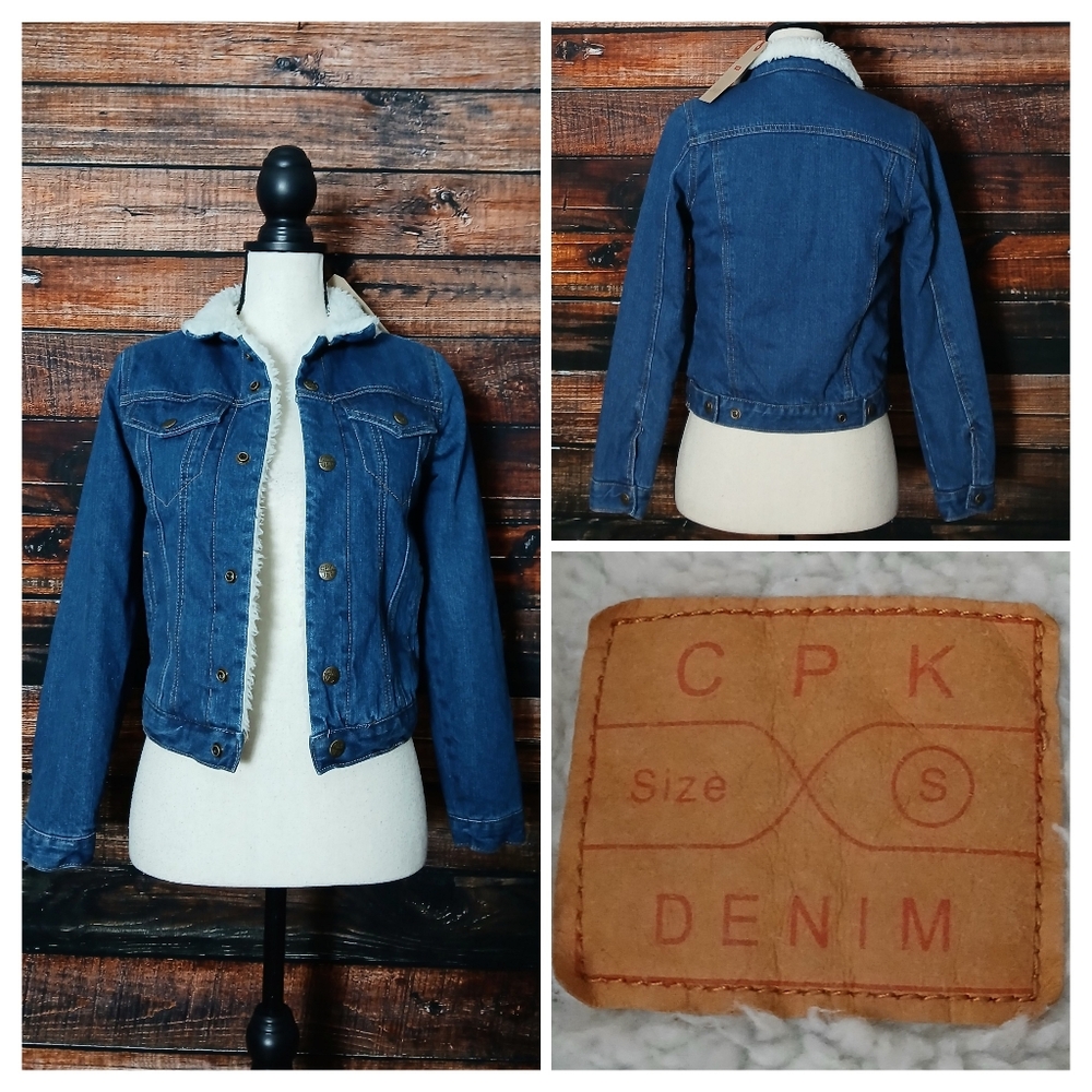 NWT CPK Jean Jacket Juniors Small Sherpa Lined Snap Front Blue Denim